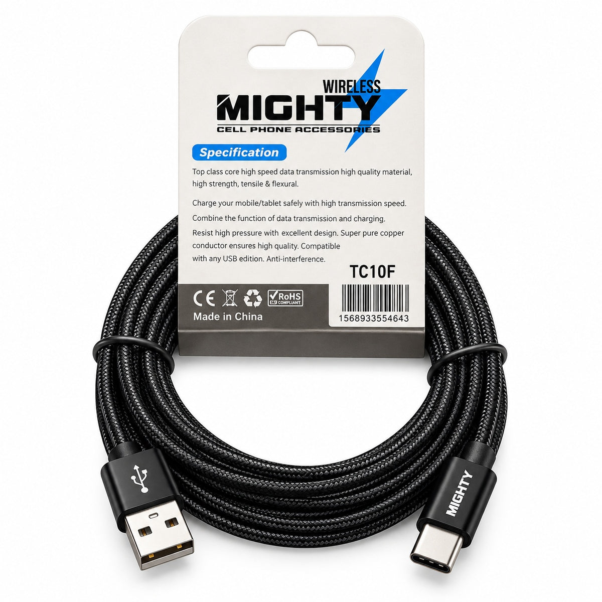 10 FT Solid Fabric USB-A to USB-C Charging Cable